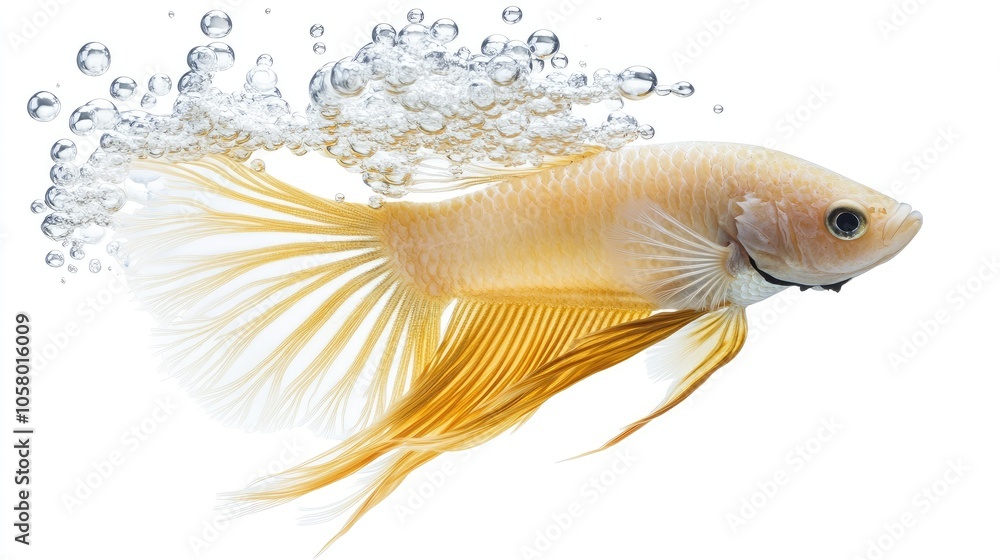 Fototapeta premium Elegant Goldfish Swimming in Clear Water Bubbles