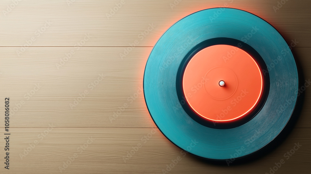 Top view of a vibrant blue vinyl record with an orange center on a wooden surface, illuminated by soft red lighting. Top view of a vibrant blue vinyl record with an orange center on a wooden surface, illuminated by soft red lighting.