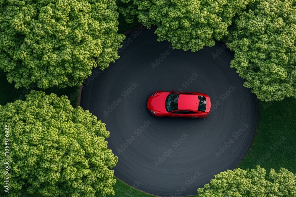 Aerial view of a red car surrounded by dense green trees on a circular ...