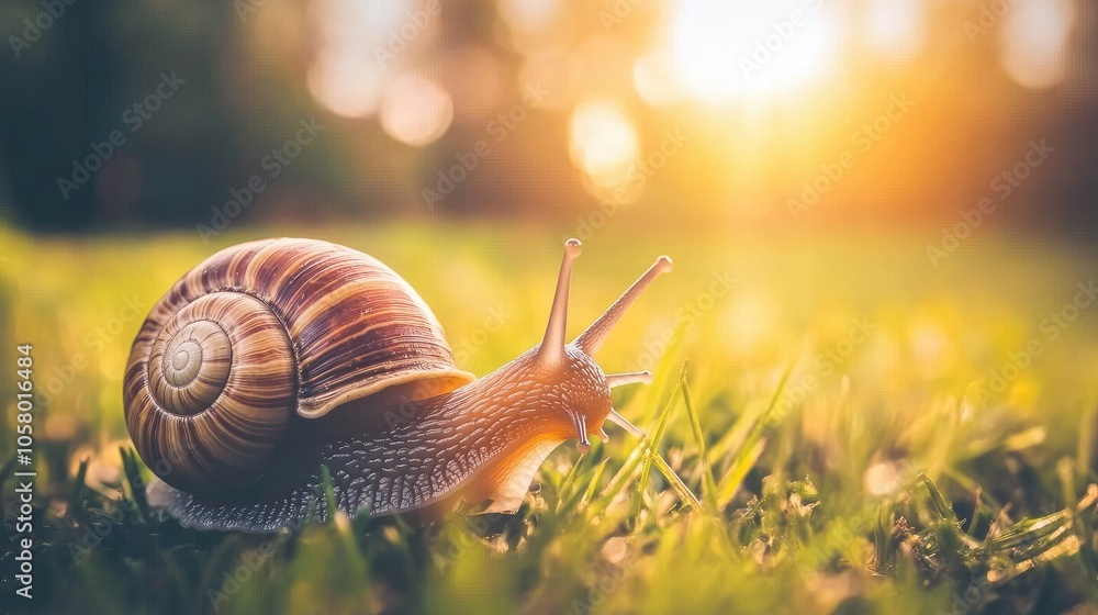 Snail Crawling on Grass at Sunset Snail Crawling on Grass at Sunset
