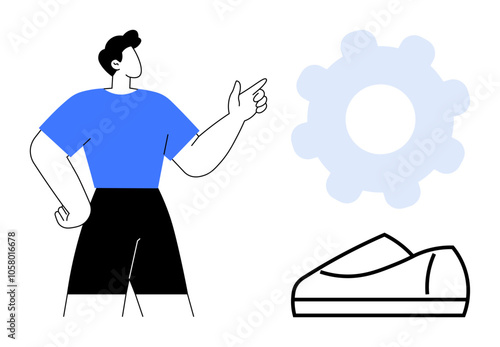 Man in blue shirt pointing towards large gear and shoe. Ideal for concept of mechanical engineering, instruction manual, educational material, product design, user guides, technical presentations