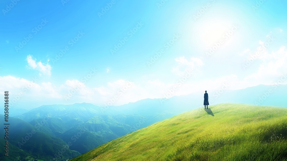 Obraz premium A serene figure standing on a grassy hill, gazing at a vast landscape under a bright blue sky with distant mountains.