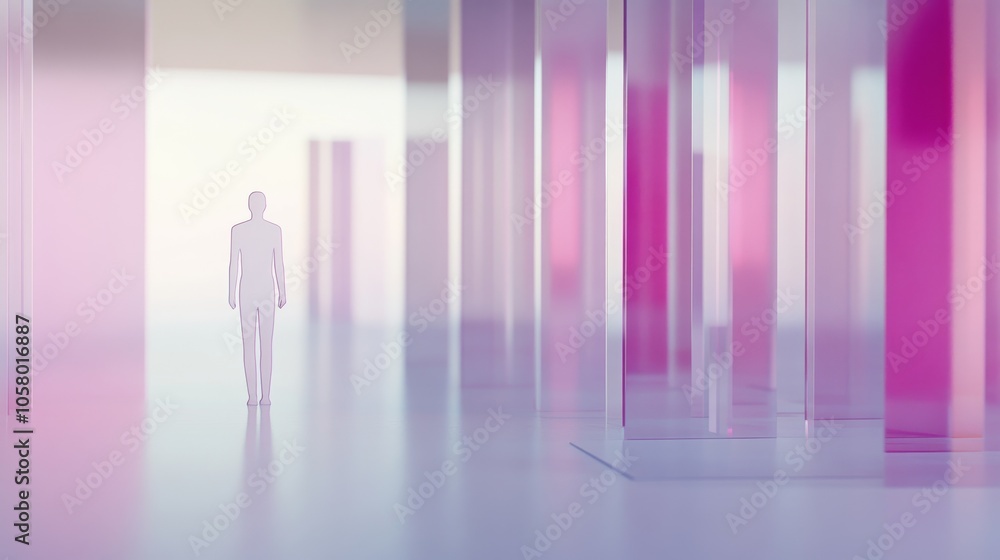 A serene figure stands amidst vibrant, translucent structures, evoking a sense of calm and infinite possibilities in a dreamlike space. A serene figure stands amidst vibrant, translucent structures, evoking a sense of calm and infinite possibilities in a dreamlike space.