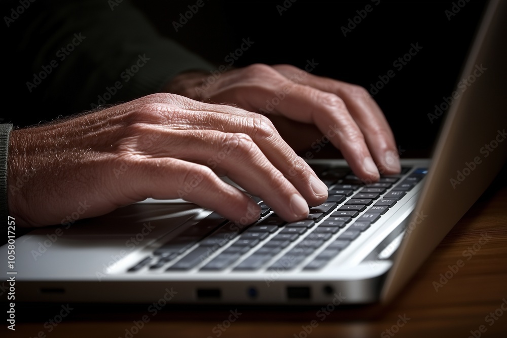Man's Hands Typing on a Laptop in Low Light Man's Hands Typing on a Laptop in Low Light