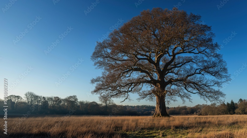 A majestic oak tree standing alone in a grassy field under a clear blue sky. A majestic oak tree standing alone in a grassy field under a clear blue sky.