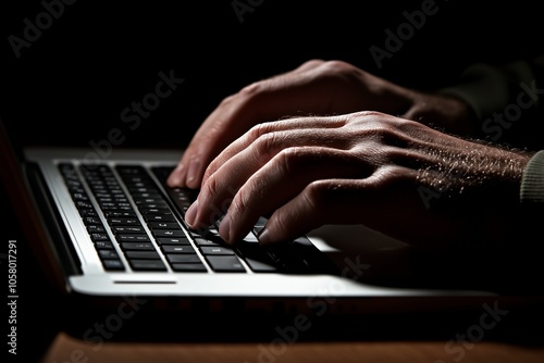 Man's Hands Typing on a Laptop in Low Light photo