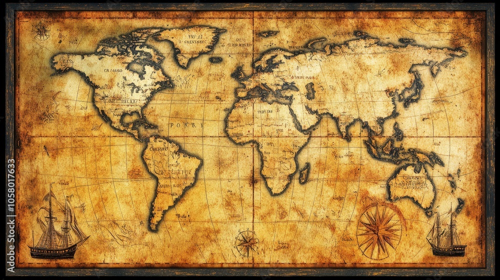 Fototapeta premium Vintage World Map with Nautical Elements and Aged Texture