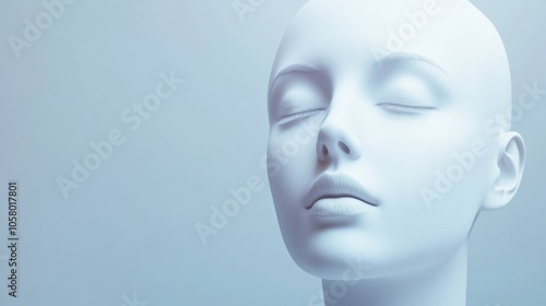 A serene white mannequin head with closed eyes, representing tranquility and elegance in a minimalistic setting.