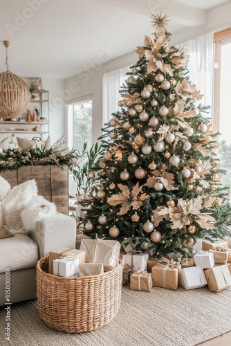 A beautifully decorated Christmas tree stands in a living room surrounded by presents, creating a warm and festive atmosphere.