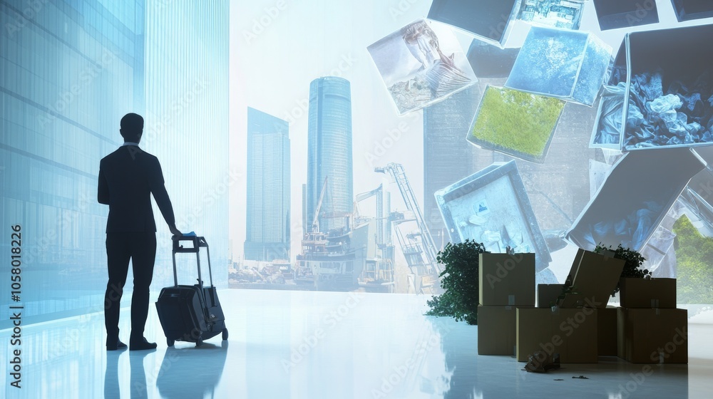 Obraz premium A silhouette of a traveler with a suitcase, gazing at an abstract digital world of images and modern architecture.