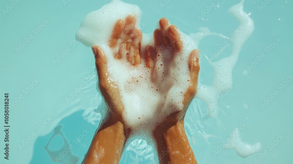 Hands Holding Soap Bubbles in Clear Water Hands Holding Soap Bubbles in Clear Water