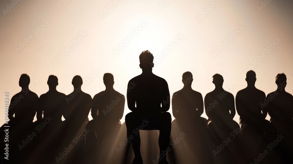 A silhouette of individuals seated in a row, focused on a single figure in front, depicting themes of leadership and unity. A silhouette of individuals seated in a row, focused on a single figure in front, depicting themes of leadership and unity.
