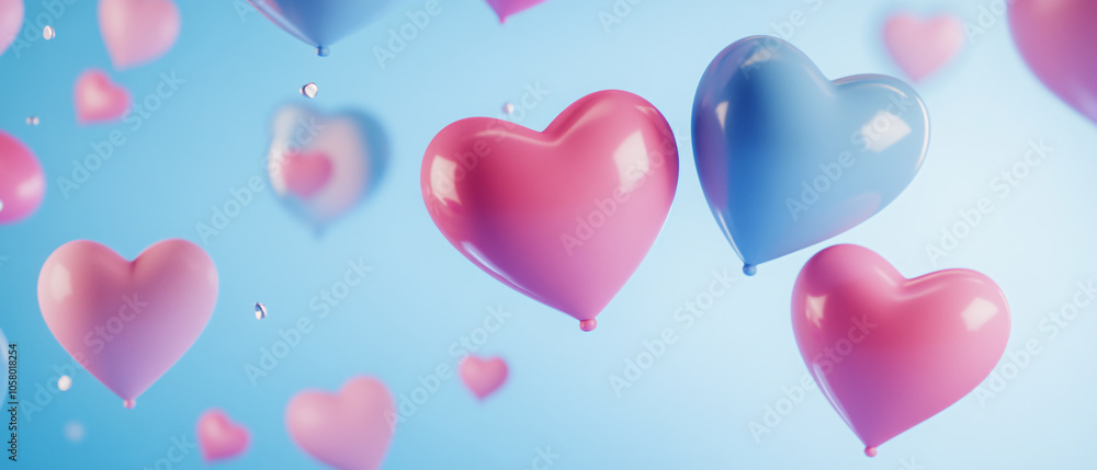Pink and Blue Heart Balloons Floating on a Blue Background Pink and Blue Heart Balloons Floating on a Blue Background