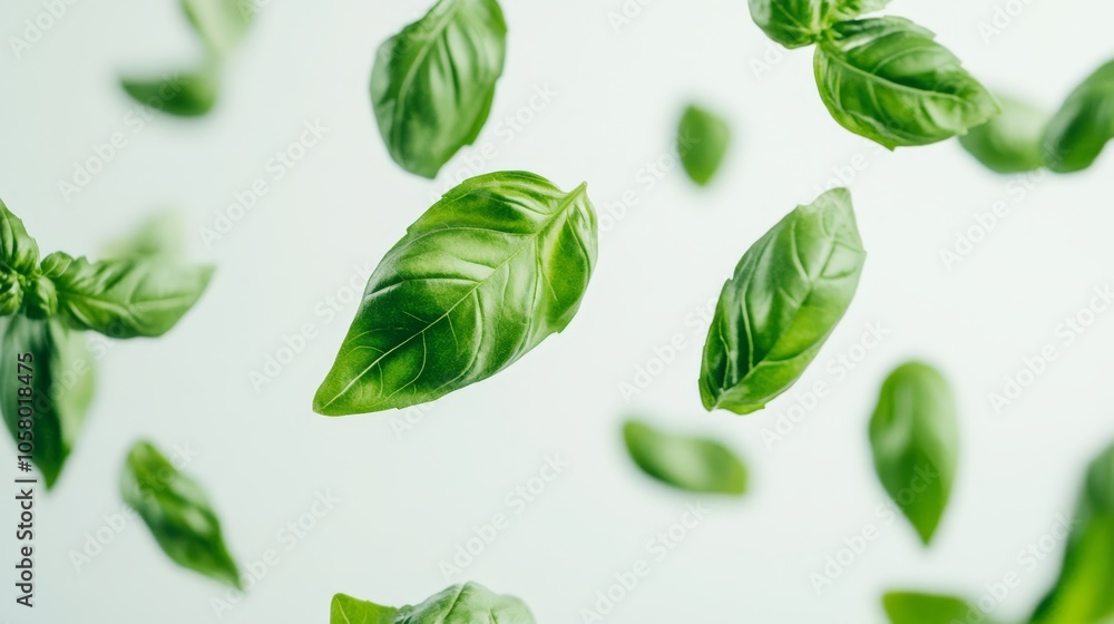 Fresh Basil Leaves in Motion Against a Light Background Fresh Basil Leaves in Motion Against a Light Background