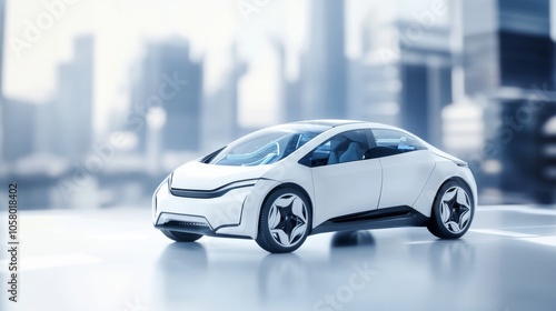 A sleek white electric car stands still against a blurred urban backdrop, symbolizing modern technology and sustainable transport.