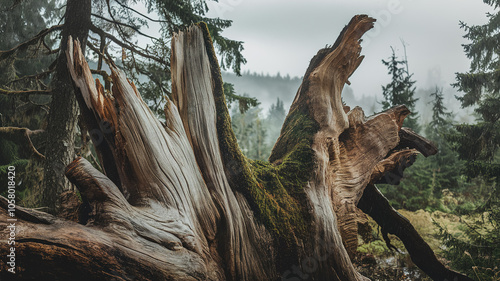 A closeup of a weathered tree trunk in a forest, showing its gnarled, mosscovered bark and intricate grain patterns. The background is a blur of other trees and a foggy sky.