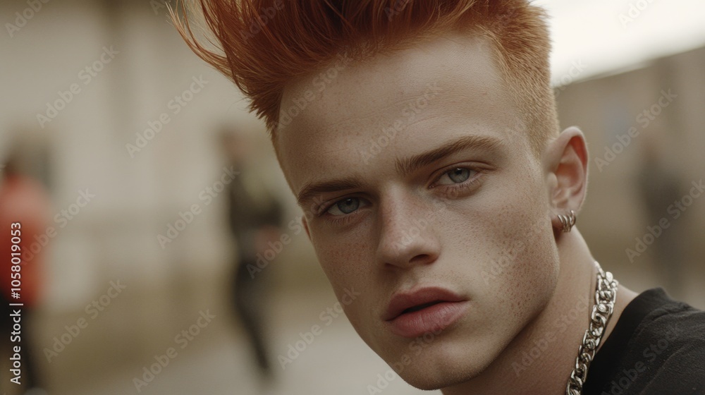 A striking portrait of a young man with vibrant orange hair, showcasing a confident expression in an urban environment. A striking portrait of a young man with vibrant orange hair, showcasing a confident expression in an urban environment.