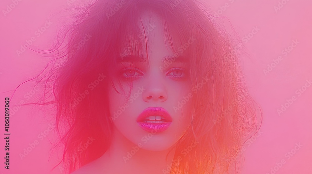 A striking portrait of a woman with tousled hair, captured in soft pink hues that convey a sense of dreaminess and allure. A striking portrait of a woman with tousled hair, captured in soft pink hues that convey a sense of dreaminess and allure.
