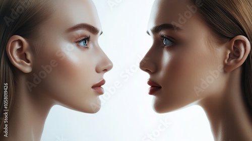 A stunning profile shot of two beautiful models showcasing elegance and striking features against a clean, bright background.