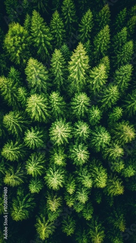 Aerial top view green forest and green trees in rural Altai, Drone photo stayle