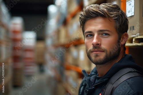 Logistician in a busy warehouse, planning shipment logistics with a determined look. photo