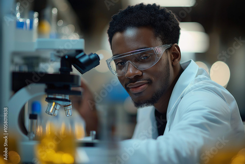 Biotechnologist in a lab, smiling as they examine cell samples under a microscope.