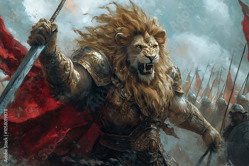 Mighty Lion-Man Warrior Leading an Army in a Fantastical War, Exuding Strength and Bravery