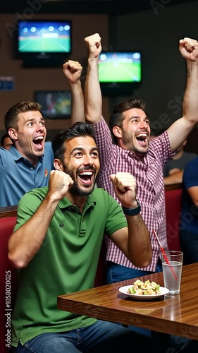 Excited friends celebrating goal watching sports at sports bar