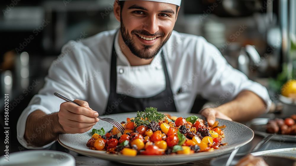 Chef plating a beautifully arranged dish, proud of the final presentation. Chef plating a beautifully arranged dish, proud of the final presentation.