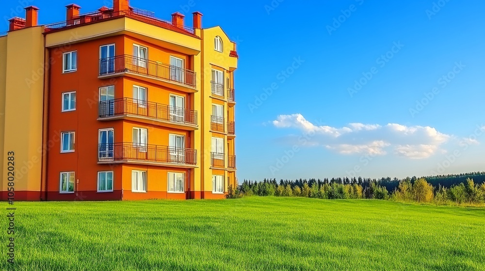 A sunny day showcasing a modern apartment building surrounded by lush green grass and clear blue skies. A sunny day showcasing a modern apartment building surrounded by lush green grass and clear blue skies.