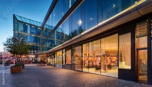 透き通るガラス窓に輝く店内の明かりが、ファッションビルの外観をより魅力的にし、エントランスが賑わう