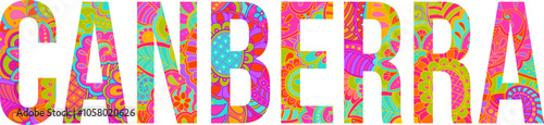 City of Canberra text title design. Colorful floral doodle pattern lettering. Abstract text effect header design