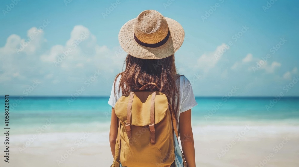 A traveler enjoys a serene beach view, wearing a hat and backpack, perfect for summer adventure and relaxation by the ocean. A traveler enjoys a serene beach view, wearing a hat and backpack, perfect for summer adventure and relaxation by the ocean.