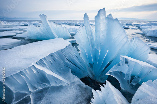 Glacier melting - icebergs and ice floes in cold waters photo