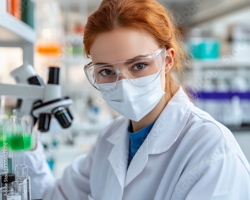 A young woman scientist wearing a lab coat, safety glasses, and a face mask looks directly at the camera while working in a laboratory.