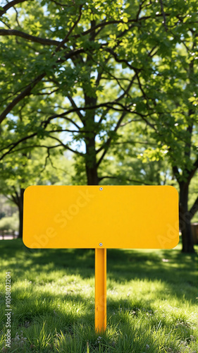 Bright yellow blank sign standing alone in a green park during daytime