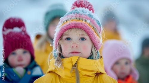 Children in pastel parkas and bright knitted hats playing joyfully in a snow-covered park, their laughter echoing amidst a serene winter landscape