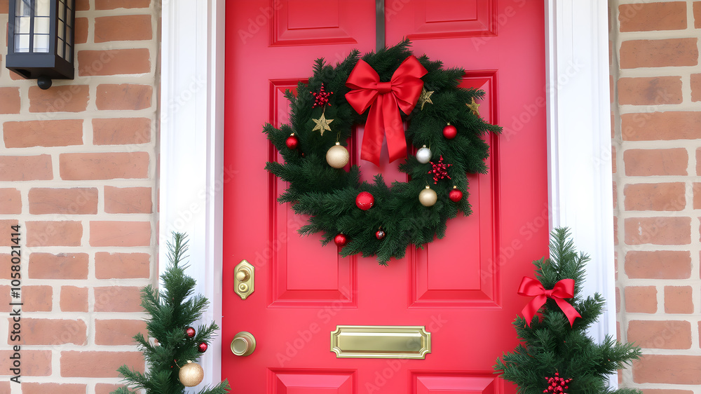 Winter illustration of a red front door decorated with a Christmas wreath and ornaments, celebrating the festive season. Generative AI Winter illustration of a red front door decorated with a Christmas wreath and ornaments, celebrating the festive season. Generative AI