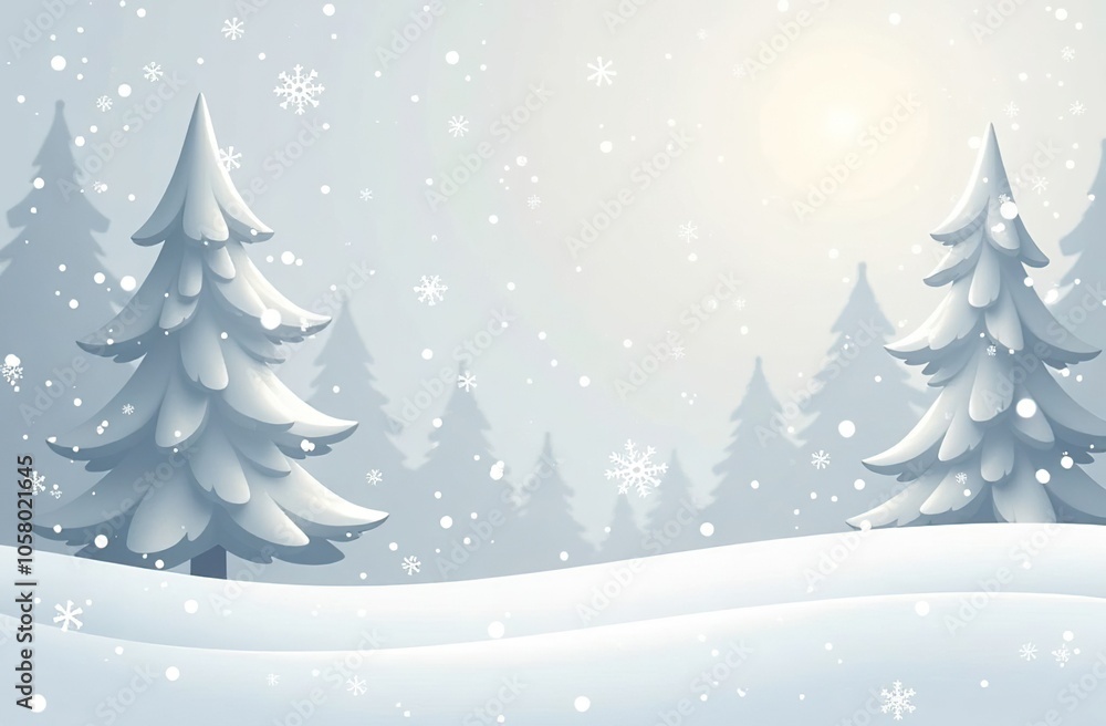 Winter snowy landscape, it’s snowing, there are two fir trees, a blurry forest of fir trees in the background, white and gray picture, illustration Winter snowy landscape, it’s snowing, there are two fir trees, a blurry forest of fir trees in the background, white and gray picture, illustration