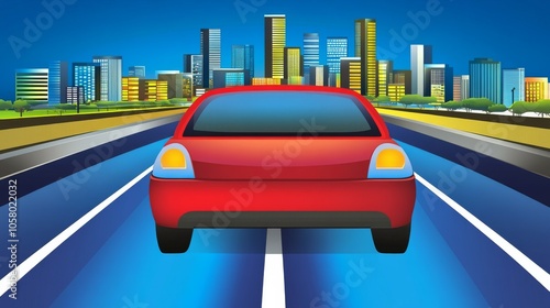 A vibrant illustration of a red car driving towards a bustling city skyline under a clear blue sky. photo