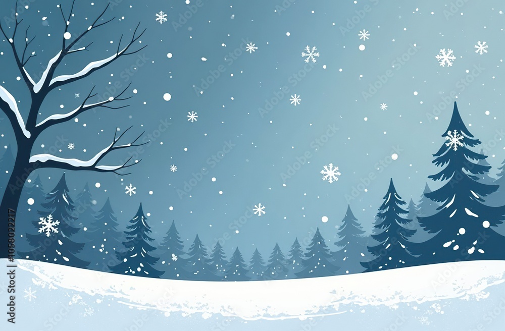 Obraz premium Winter snowy landscape, it’s snowing, there are trees in front, a blurry forest of fir trees in the background, white black and gray picture, night illustration