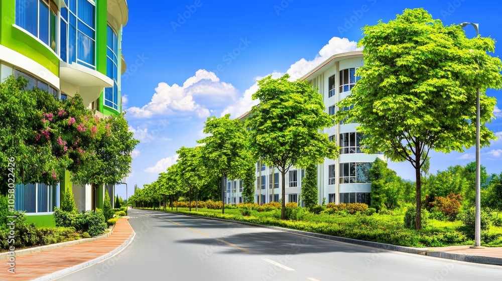 A vibrant street scene with modern buildings and lush green trees under a bright blue sky. A vibrant street scene with modern buildings and lush green trees under a bright blue sky.