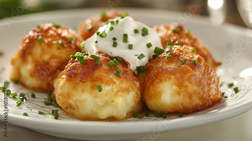 Cheese-filled potato dumplings topped with sour cream and fresh chives on a white decorative plate