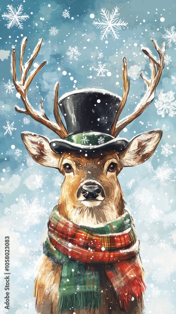 Naklejka premium Festive deer in a black top hat and plaid scarf with falling snowflakes against a blue watercolor background, creating a whimsical winter holiday scene
