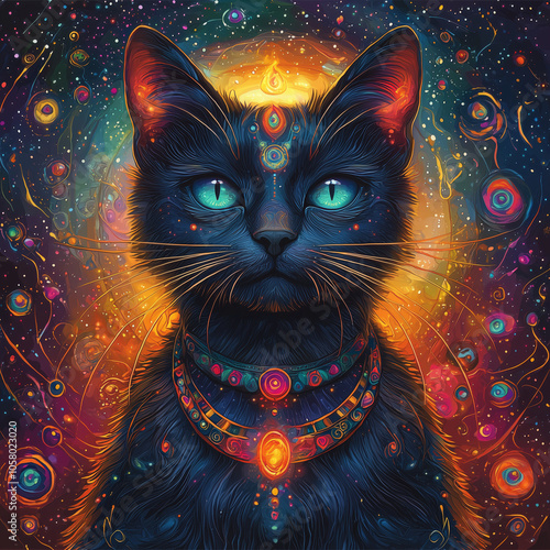 blue cat with radiant third eye surrounded by a cosmic dance of vibrant celestial orbs photo