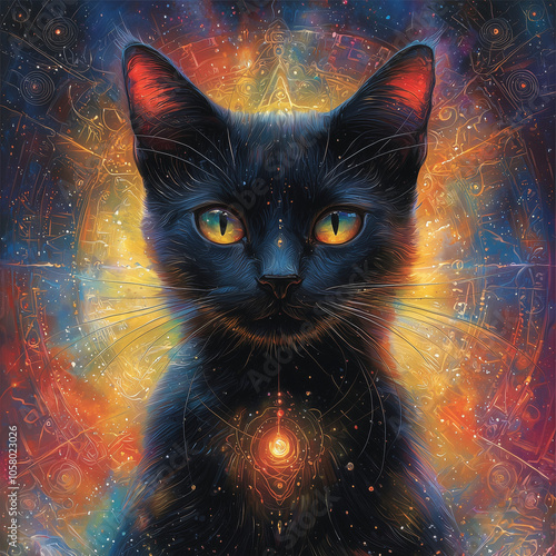 mystic black cat with glowing yellow eyes, ensconced in a halo of intricate celestial patterns photo