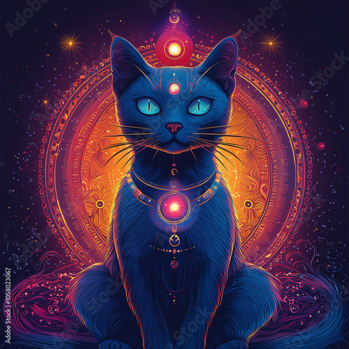 serene blue cat meditates under a radiant mandala, channeling cosmic energies with a celestial glow photo