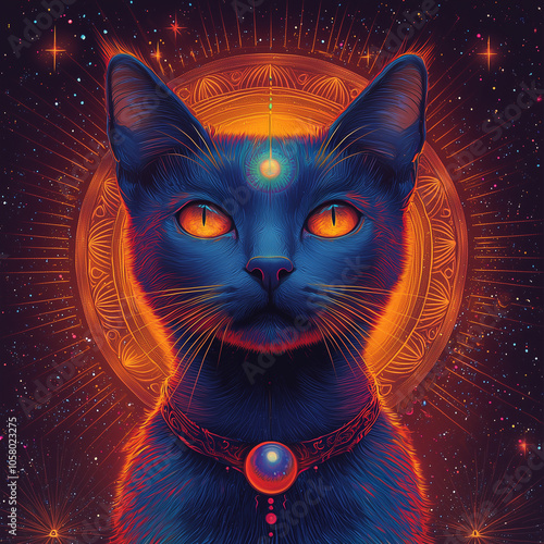 serene blue cat meditates within an intricate cosmic halo, eyes glowing with mystical energy photo