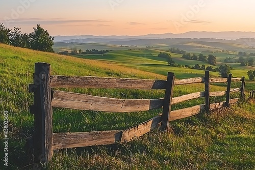 Peaceful Countryside at Sunrise with a Wooden Fence, Capturing Rural Beauty