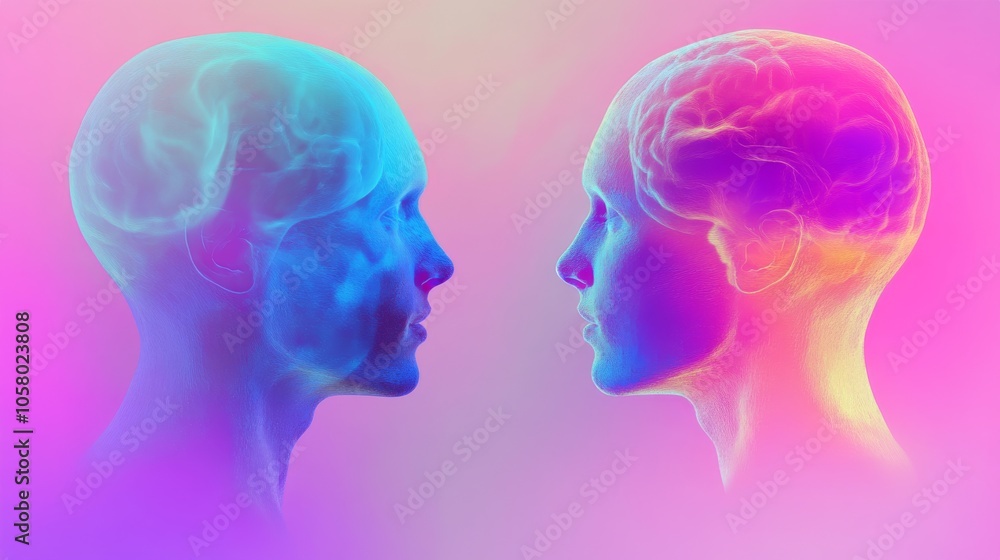 Abstract digital art depicting two human heads in vivid colors, symbolizing connection and communication between minds. Abstract digital art depicting two human heads in vivid colors, symbolizing connection and communication between minds.